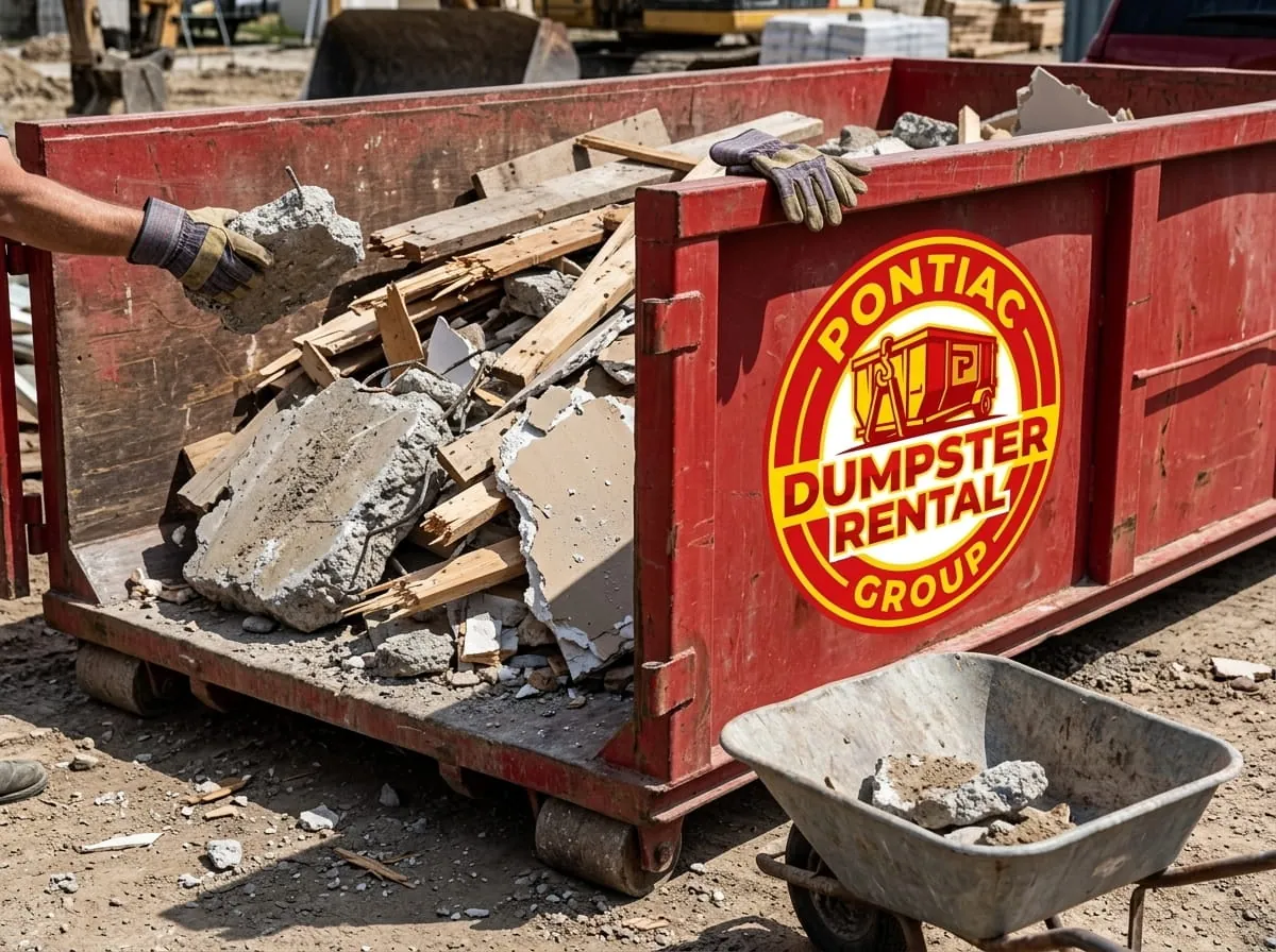 Close-up of concrete rubble being loaded into a roll-off container by hand