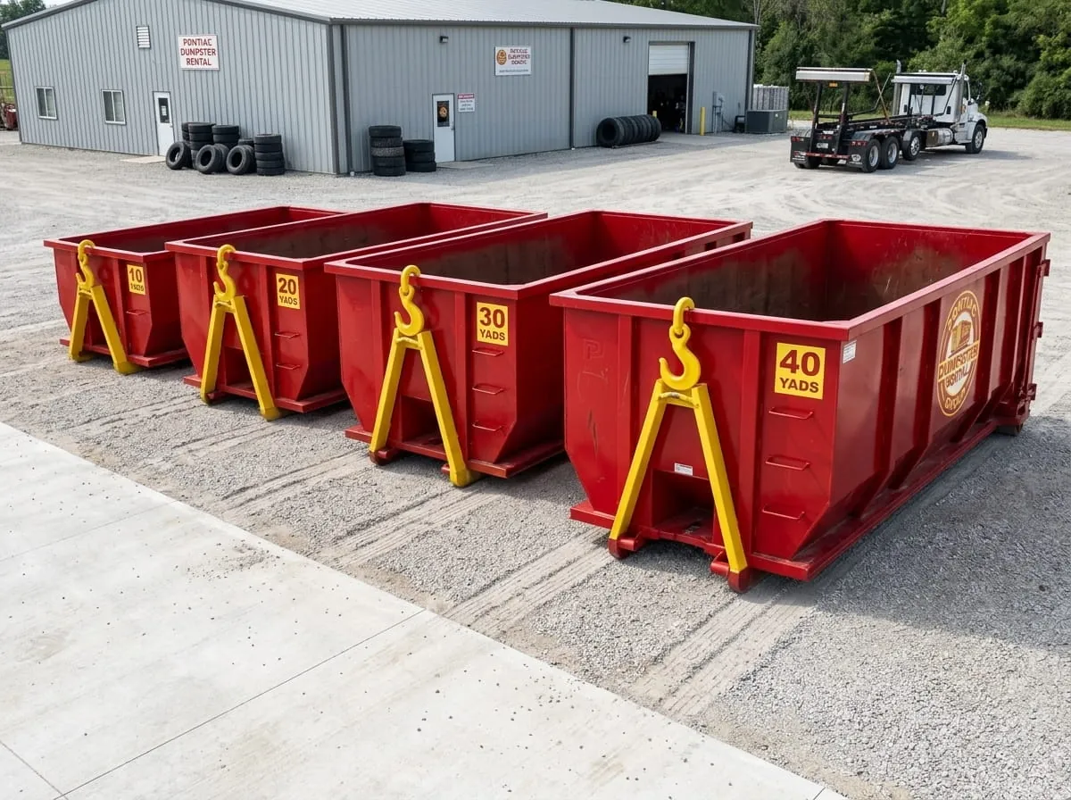 10, 15, 20 and 30 yard roll-off dumpsters lined up ready for rent in Pontiac, MI 10, 15, 20 and 30 yard roll-off dumpsters lined up ready for rent in Pontiac, MI