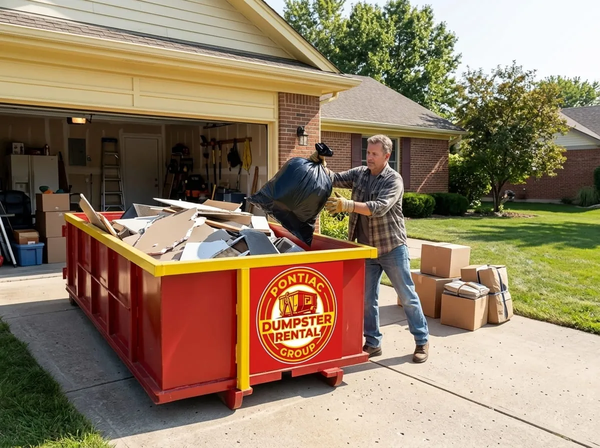 Homeowners loading household junk into a roll-off dumpster in Pontiac, Michigan Homeowners loading household junk into a roll-off dumpster in Pontiac, Michigan