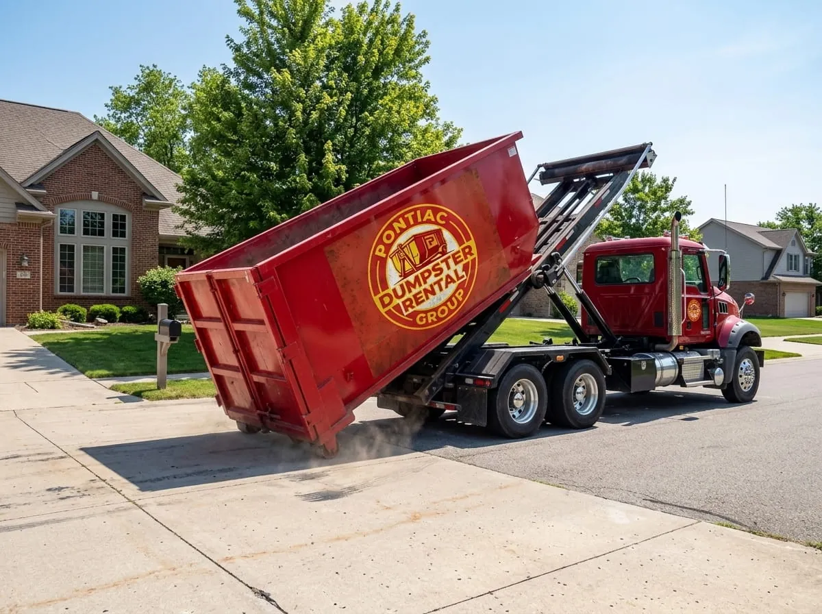 Pontiac Dumpster Rental Group truck setting a roll-off container down