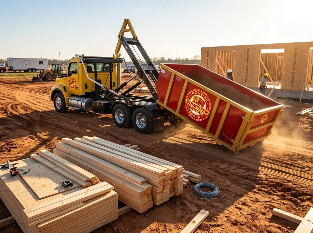 Roll-off container and framing lumber at a Pontiac, Michigan build site Roll-off container and framing lumber at a Pontiac, Michigan build site