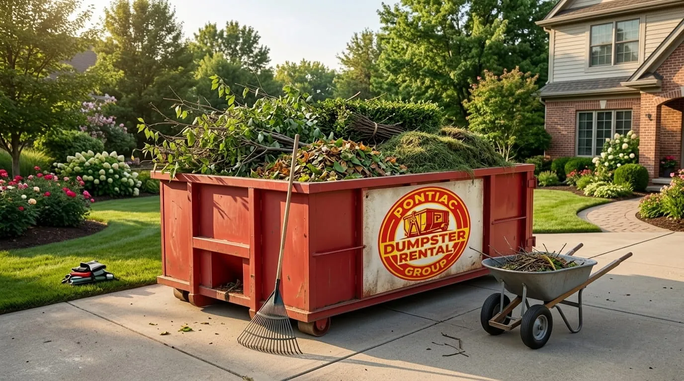 Roll-off container and wheelbarrow during a garden clearance in Pontiac, Michigan Roll-off container and wheelbarrow during a garden clearance in Pontiac, Michigan